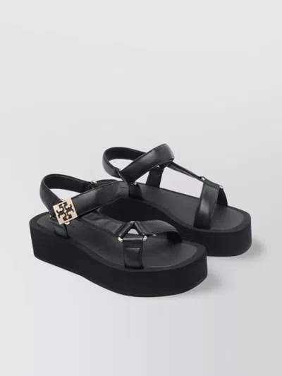 Tory Burch Round Toe Leather Platform Sandals With Ankle Strap In Black