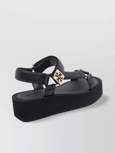 Tory Burch Round Toe Leather Platform Sandals With Ankle Strap In Black