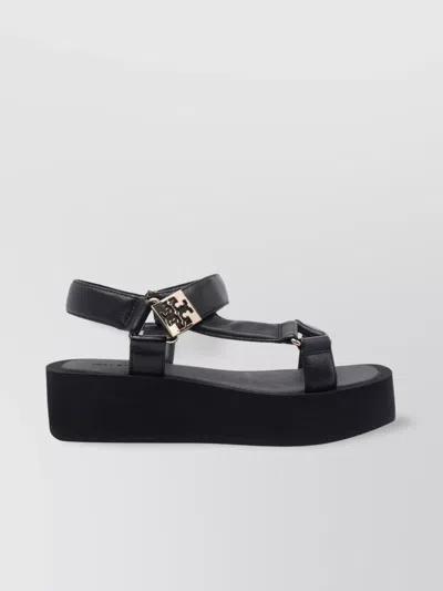 Tory Burch Round Toe Leather Platform Sandals With Ankle Strap In Black