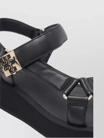 Tory Burch Round Toe Leather Platform Sandals With Ankle Strap In Black