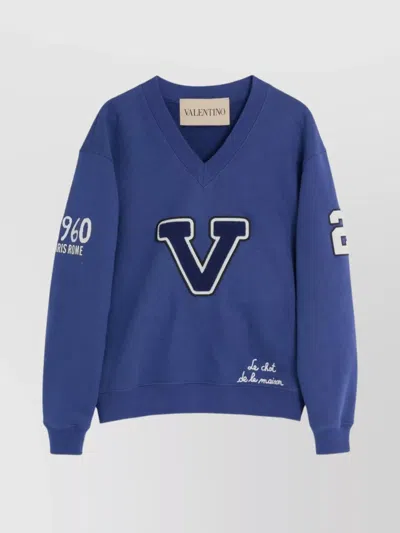 Valentino Blue Cotton "v" College Sweatshirt In Blue