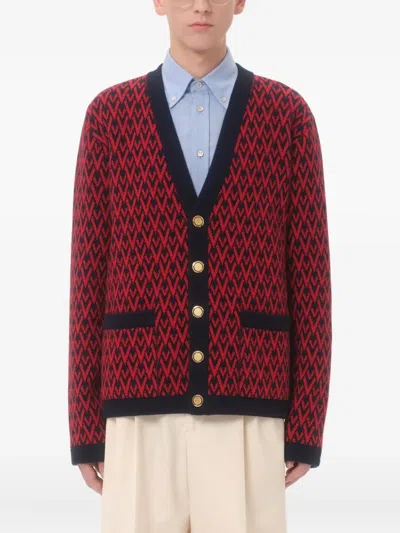 Valentino Toute La V Jacquard Wool Cardigan In Red