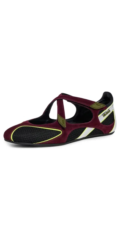 Attico Nomad Bordeaux Ballet Shoes With Criss-crossed Straps And Mesh Panels In Tech Fabric And Suede Woman In Burgundy