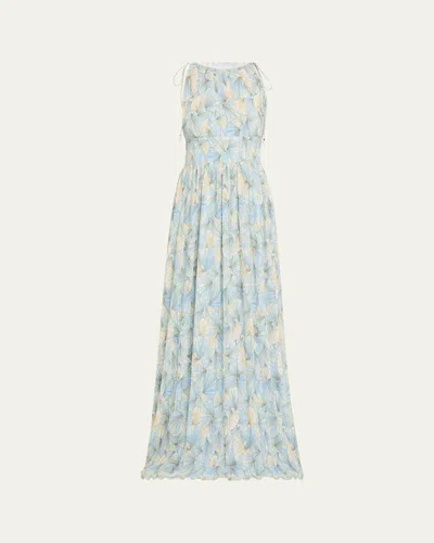 Veronica Beard Yardley Floral Pleated Chiffon Gown In Blue