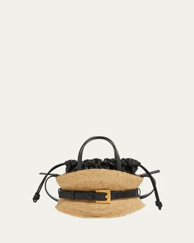 Balmain Shuffle Mini Top-handle Bag In Raffia And Calfskin In Nude