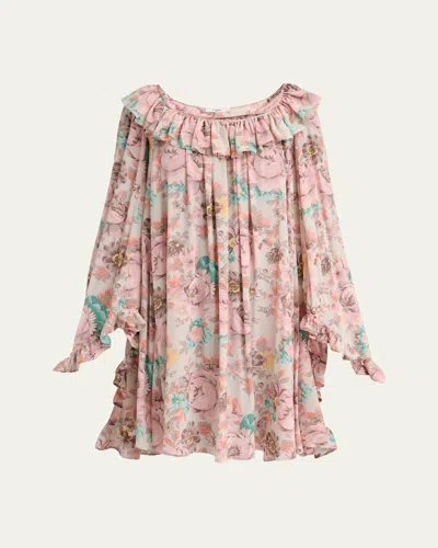 Chloé Bouquet-printed Organic Silk Crepe De Chine Mini Cape Dress In Pink