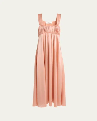 Chloé Sleeveless Ruched Long Dress In Silk Satin In Pink