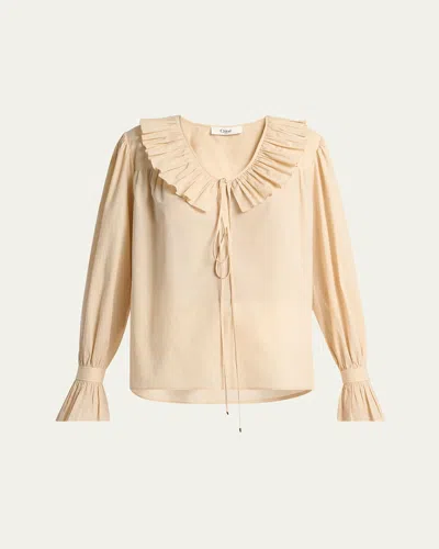 Chloé Gathered Ruffle Top In Cotton Voile In Neutral