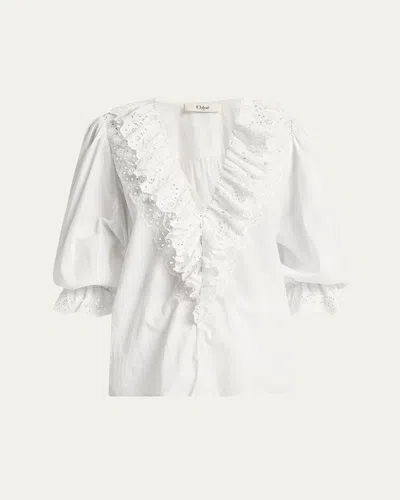 Chloé Puff Sleeve V-neck Top In Cotton Voile In White