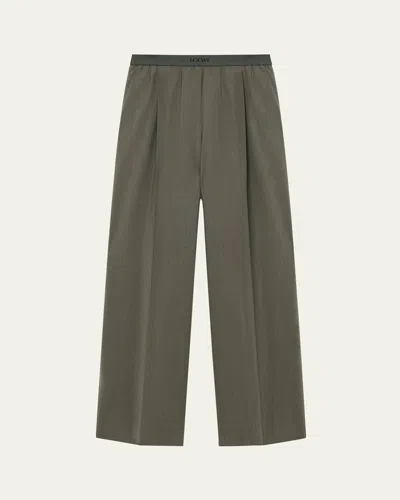 Loewe Womens Khaki Green Logo-waistband Straight-leg Woven Trousers In Black