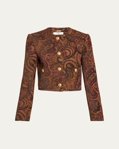 Chloé Boxy Collarless Jacket In Tapestry Jacquard In Brown