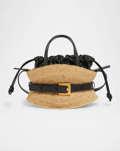 Balmain Shuffle Mini Top-handle Bag In Raffia And Calfskin In Nude