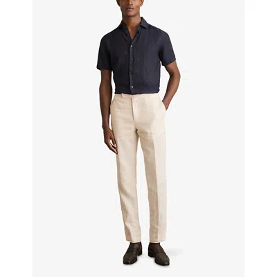 Reiss Mens Navy Holiday Square-collar Short-sleeve Linen Shirt Xs In Blue