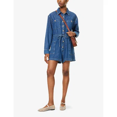 Paige Womens Glimpse Madigan Spread-collar Cotton-blend Denim Romper In Blue