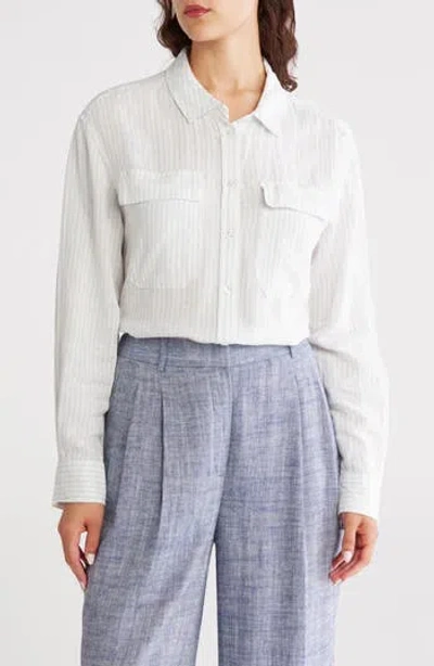 Dkny Jeans Stripe Linen Blend Crop Button-up Shirt In Neutral