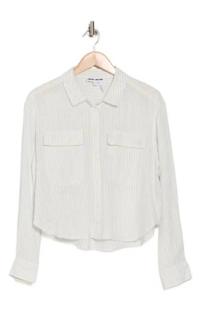 Dkny Jeans Stripe Linen Blend Crop Button-up Shirt In Neutral