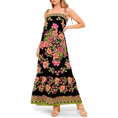 Flying Tomato Printed Woven Maxi Dress In Black And Pink In Black