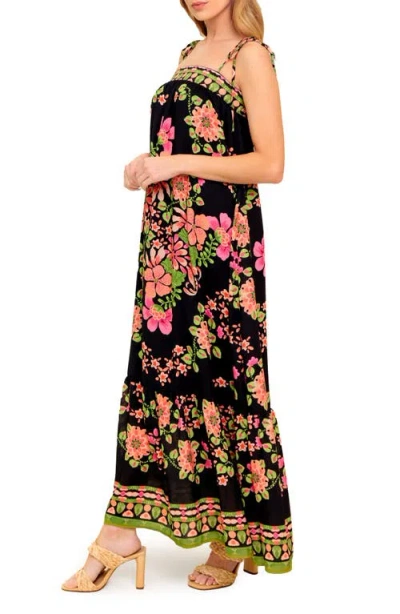 Flying Tomato Printed Woven Maxi Dress In Black And Pink In Black