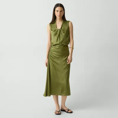 Theory Ruched Midi Skirt In Crushed Satin In Green