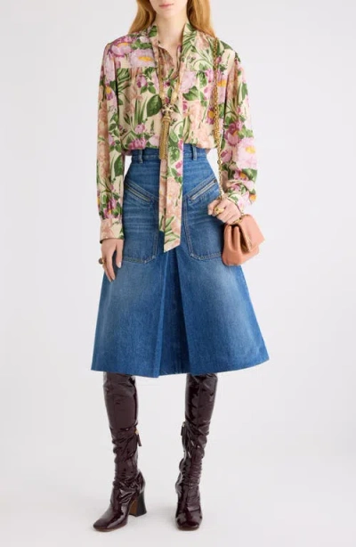 Chloé Floral Print Silk Charmeuse Top In Green