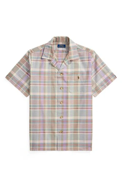 Polo Ralph Lauren Mens 6815 Khaki Green Multi Check-print Short-sleeves Cotton-poplin Shirt
