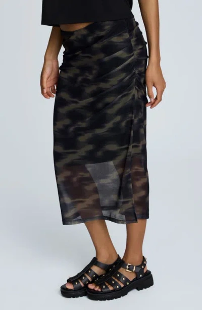 Kenneth Cole Printed Mesh Pull-on Side Ruched Midi Skirt