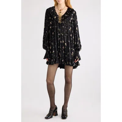 Chloé Gathered Long-sleeve Mini Dress In Silk Charmeuse In Black