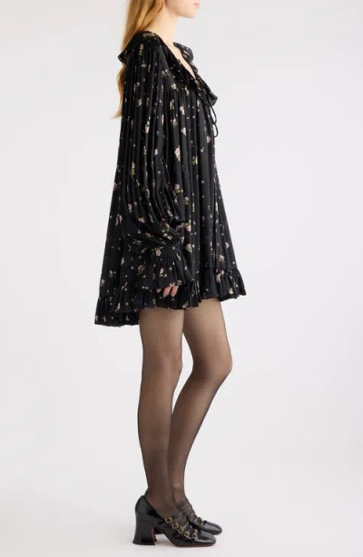 Chloé Gathered Long-sleeve Mini Dress In Silk Charmeuse In Black