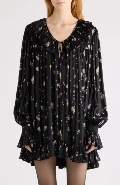 Chloé Gathered Long-sleeve Mini Dress In Silk Charmeuse In Black