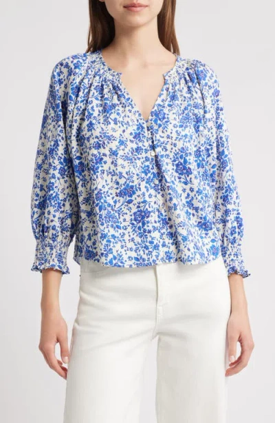 Rails Mariah Floral Smocked Button-up Peasant Top In Blue