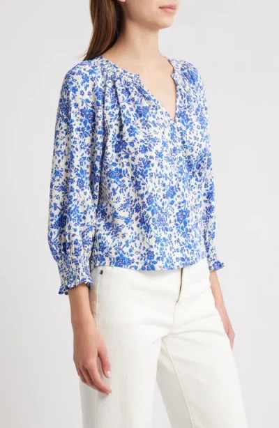 Rails Mariah Floral Smocked Button-up Peasant Top In Blue