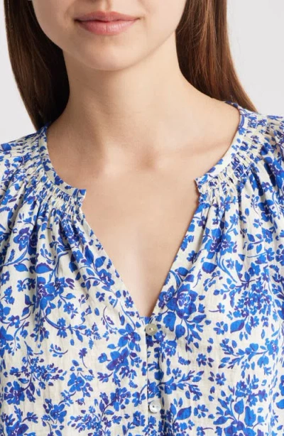 Rails Mariah Floral Smocked Button-up Peasant Top In Blue
