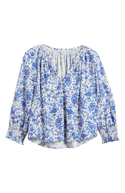 Rails Mariah Floral Smocked Button-up Peasant Top In Blue