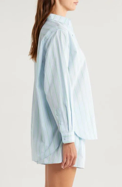 Lunya Airy Cotton Curved Hem Long Sleeve Boxer Pj Set Azure Stripe In Blue