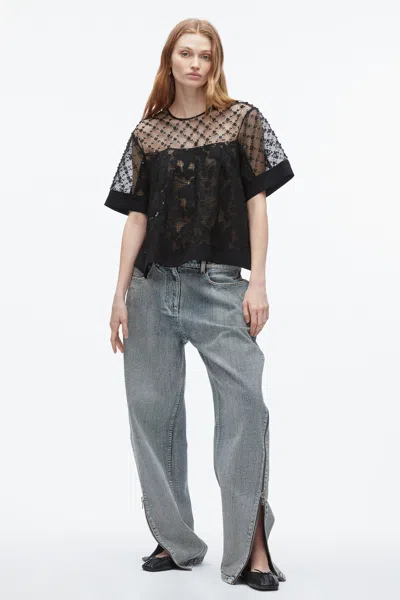 3.1 Phillip Lim Womens Black Flounce Short-sleeve Corded Lace Top