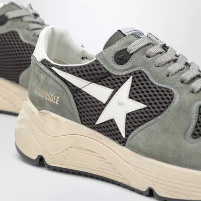 Golden Goose Running Sole In Green Suede With White Leather Star And Heel In Gray