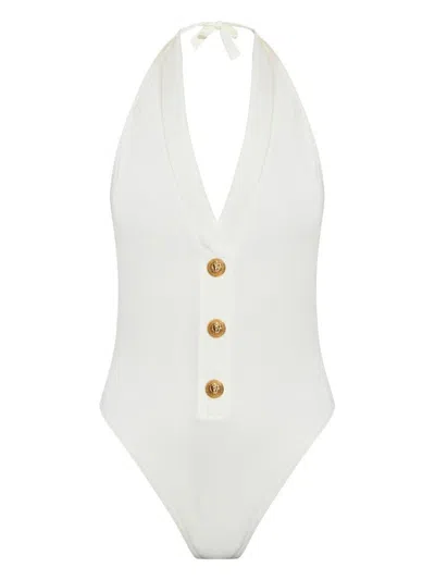 Balmain White One-piece Swimsuit With Decorative Gold Buttons