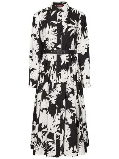 Max Mara Floral Silhouette Print Long Sleeve Cotton Poplin Midi Shirtdress