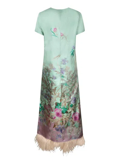 La Doublej Swing Green Midi Dress With Feathered Hem And All-over Floral Print In Silk Woman In Green
