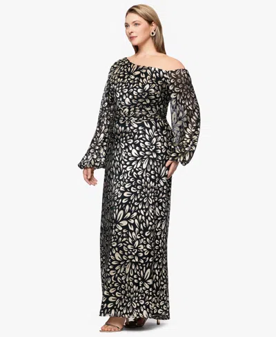 B & A By Betsy And Adam Plus Size Metallic Printed Long A-line Dress In Black