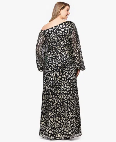 B & A By Betsy And Adam Plus Size Metallic Printed Long A-line Dress In Black