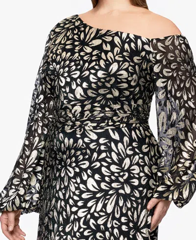 B & A By Betsy And Adam Plus Size Metallic Printed Long A-line Dress In Black