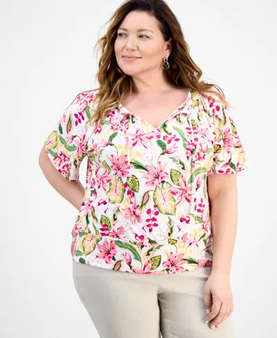 Jm Collection Plus Size Printed Tie Split Neck Top, Exclusively At Macy's In Multi