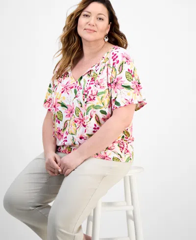 Jm Collection Plus Size Printed Tie Split Neck Top, Exclusively At Macy's In Multi