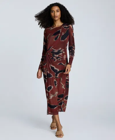 Kenneth Cole Printed Mesh Knot Front Long Sleeve Maxi Dress