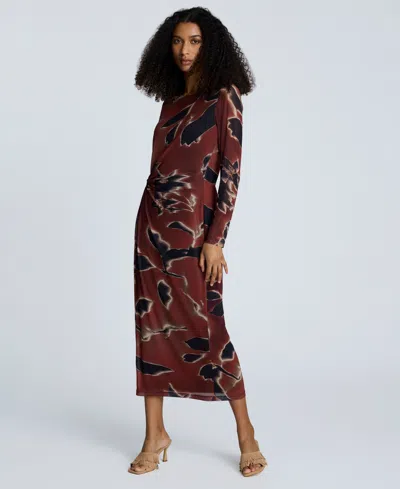Kenneth Cole Printed Mesh Knot Front Long Sleeve Maxi Dress