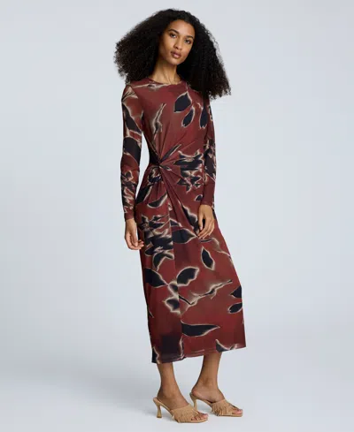 Kenneth Cole Printed Mesh Knot Front Long Sleeve Maxi Dress
