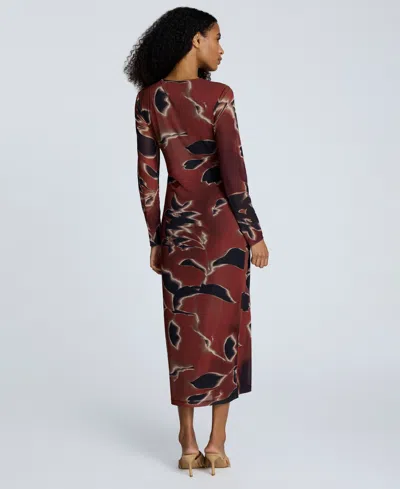 Kenneth Cole Printed Mesh Knot Front Long Sleeve Maxi Dress