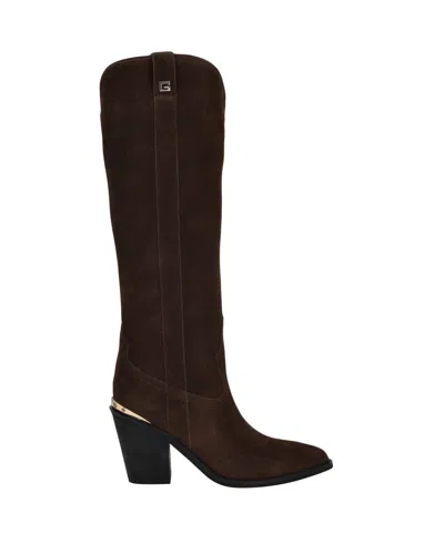 Guess Women's Sashan Knee-high Topstitched Western Boots In Brown