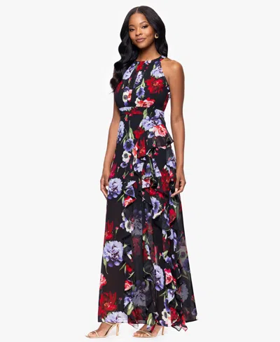 B & A By Betsy And Adam Petites Printed Long Halter Dress In Multi